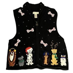 Vintage Bechamel Women's Christmas Sweater Vest Dogs Embroidered Dogs Size M